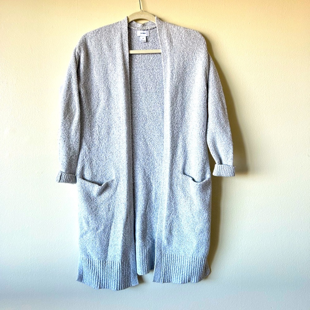 Old Navy XS Gray Chunky Knit Cardigan Long Dual Pockets Rolled Sleeves Plush
